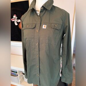 Carhartt Force Long Sleeve Button Up Ladies Shirt Size XS Army Green